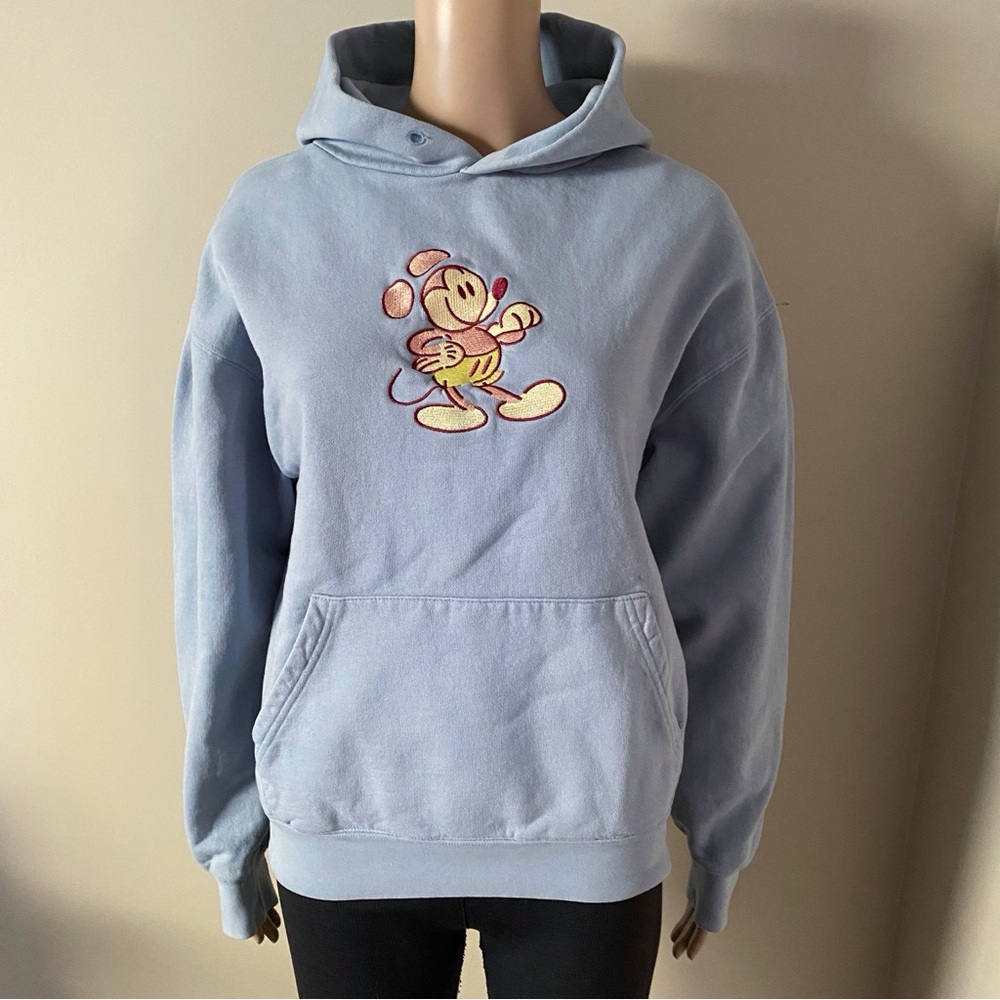 Vintage Disney Mickey Mouse Embroidered Light Blue Hoodie, size XS